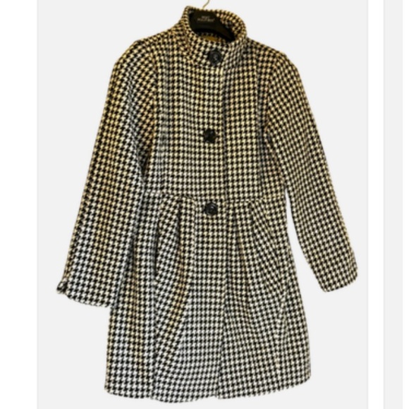 Wool Blend Houndstooth Pea Coat Lg Pleated Peplum Retro Mod Vibe Dark Academia - Picture 2 of 6